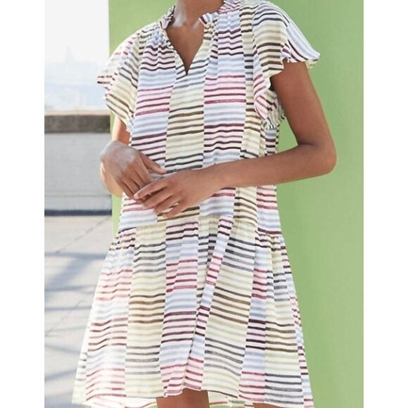 🦃 Loft Size XXS Multicolored Striped Blocked Dress Flutter Sleeve Drop Waist - Picture 2 of 12